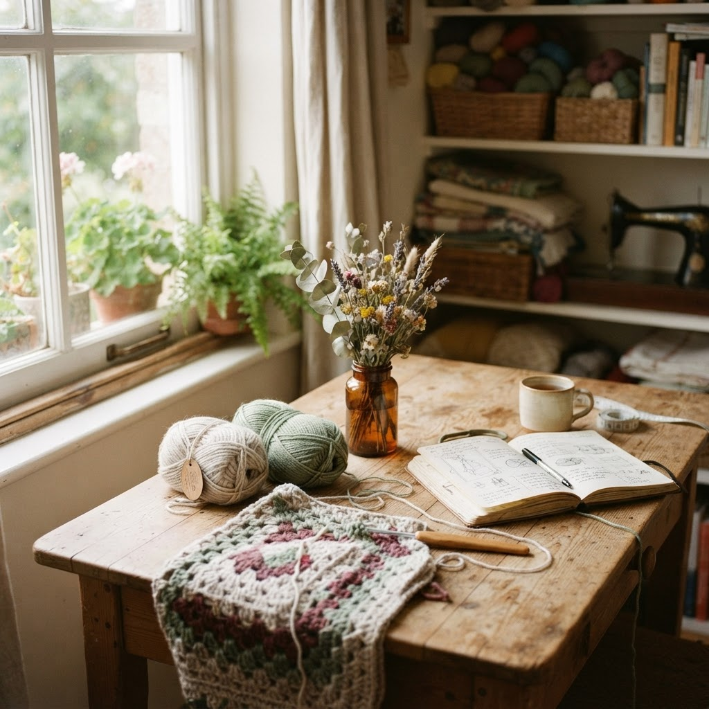 A cozy handmade crochet studio with yarn, hooks, and dried wildflowers in warm morning light