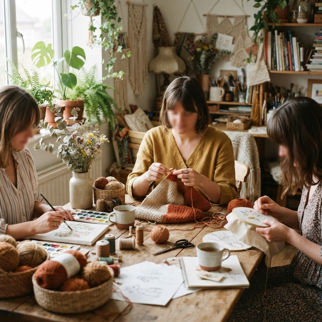 Three women crafting together at a sunlit table with yarn and art supplies